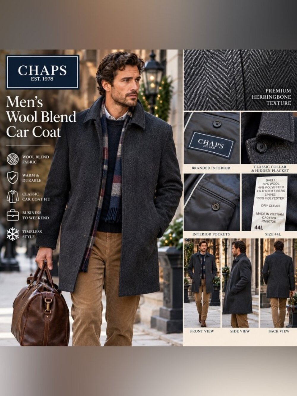 Ralph Lauren Chaps Men's Gray Herringbone wool blend Topcoat coat 44R